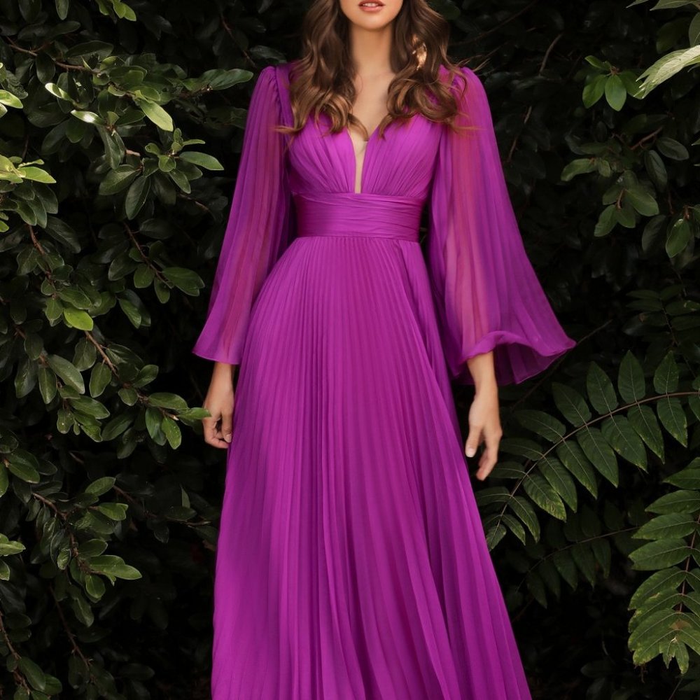 ORCHID COLOR PARTY EVENING FORMAL PROM PLEATED CHIFFON LONG SLEEVE GOWN CD247